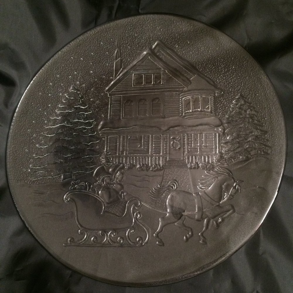 Christmas Couple on Sleigh Serving Glass Platter